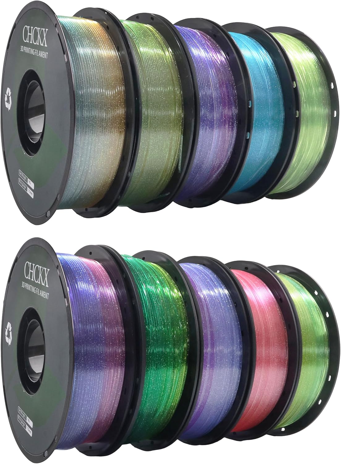 10 Pack Crystal Rainbow PLA 3D Printer Filament Bundle, Dimensional Accuracy +/- 0.02 mm, 1kg (2.2lbs), 1.75 mm, 10 Rolls Multicolor Assortment Pink, Blue, Green, Purple,Yellow Green Purple