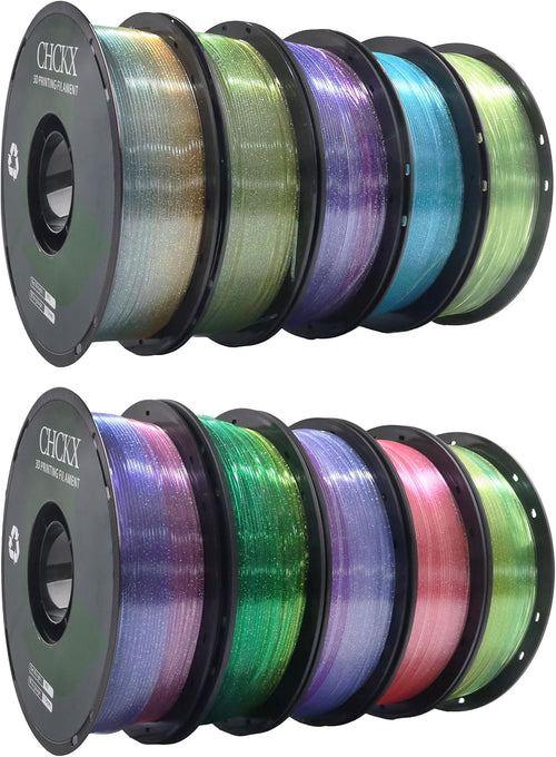 10 Pack Crystal Rainbow PLA 3D Printer Filament Bundle, Dimensional Accuracy +/- 0.02 mm, 1kg (2.2lbs), 1.75 mm, 10 Rolls Multicolor Assortment Pink, Blue, Green, Purple,Yellow Green Purple