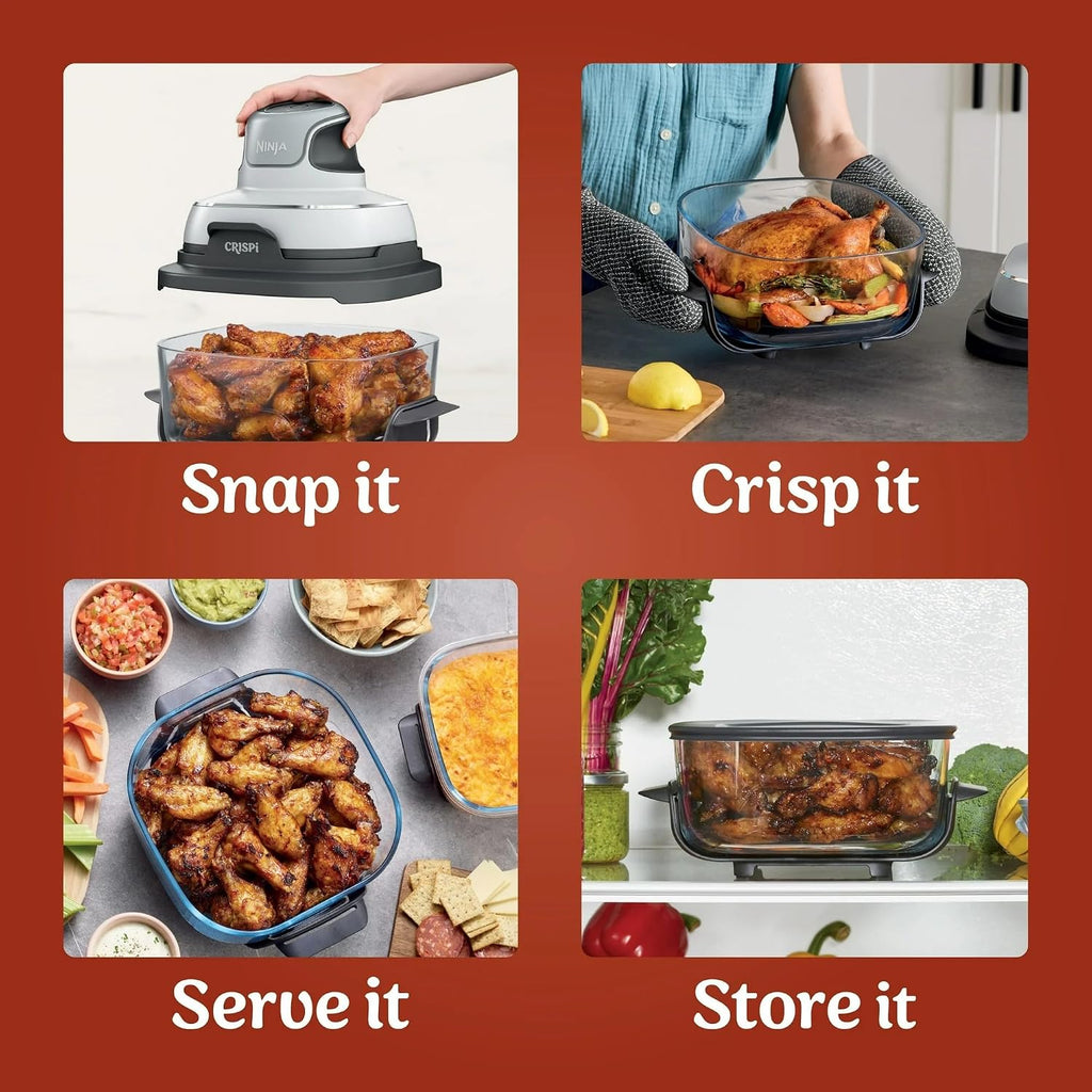 Ninja FN090 Crispi 3-in-1 4QT Portable Cooking System with TempWare Container, 1500W, Recrisp, Air Fry, & Max Crisp, Easy Storage, Crisper Plate, Lid, Cook, Serve & Store, White (Renewed)