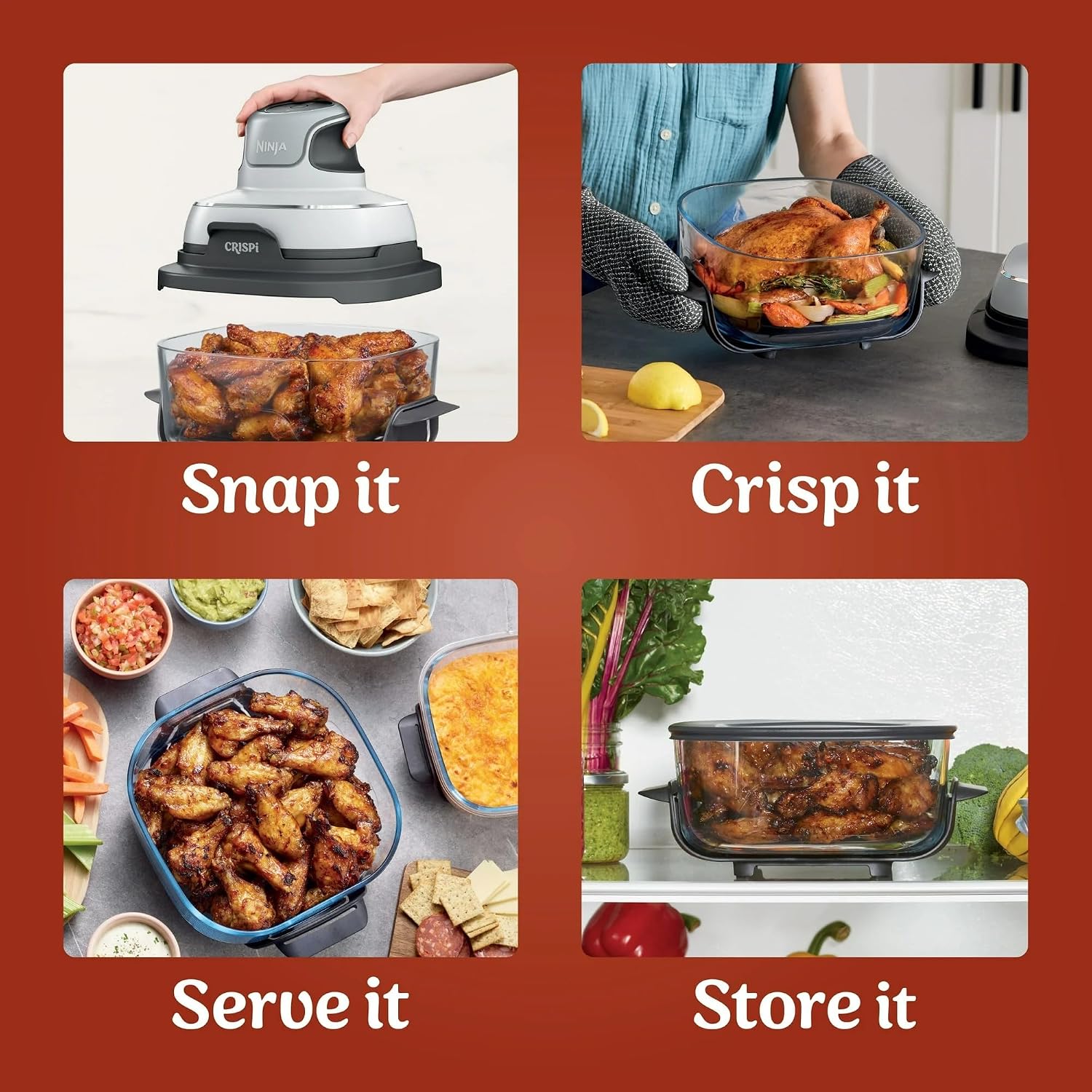 Ninja FN090 Crispi 3-in-1 4QT Portable Cooking System with TempWare Container, 1500W, Recrisp, Air Fry, & Max Crisp, Easy Storage, Crisper Plate, Lid, Cook, Serve & Store, White (Renewed)