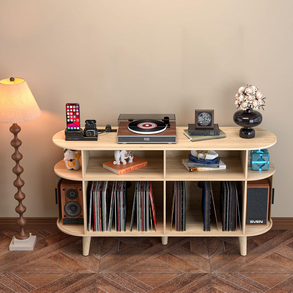 LUVIOHOME Large Round Record Player Stand with Charging Station & USB Ports，Record Storage Cabinet, Mid Century Modern Turntable Stand for Bedroom Living Room (Oak)