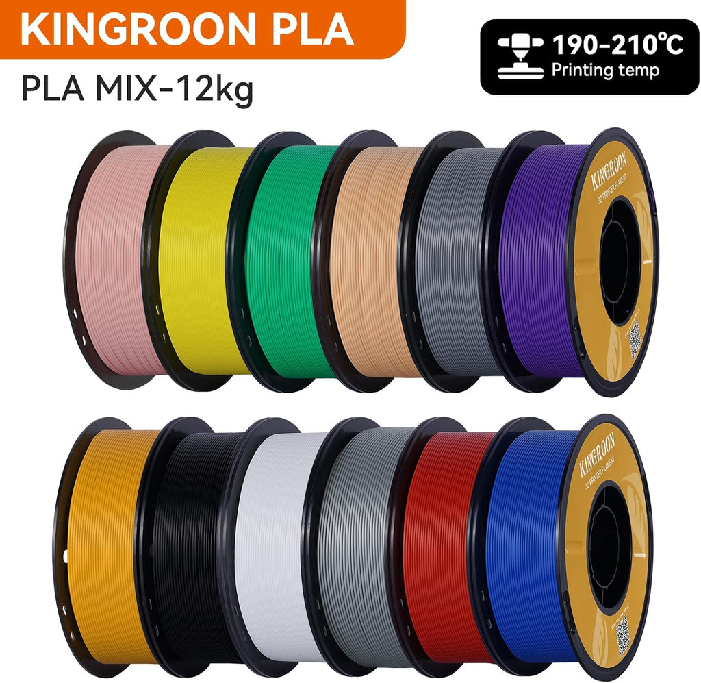Kingroon PLA 3D Printer Filament, 12Rolls, Dimensional Accuracy +/- 0.03 mm, 12kg Spool(26.4lbs), 1.75 mm，Black White Grey Red Green Yellow Purple Skin Blue Silver Pink Orange