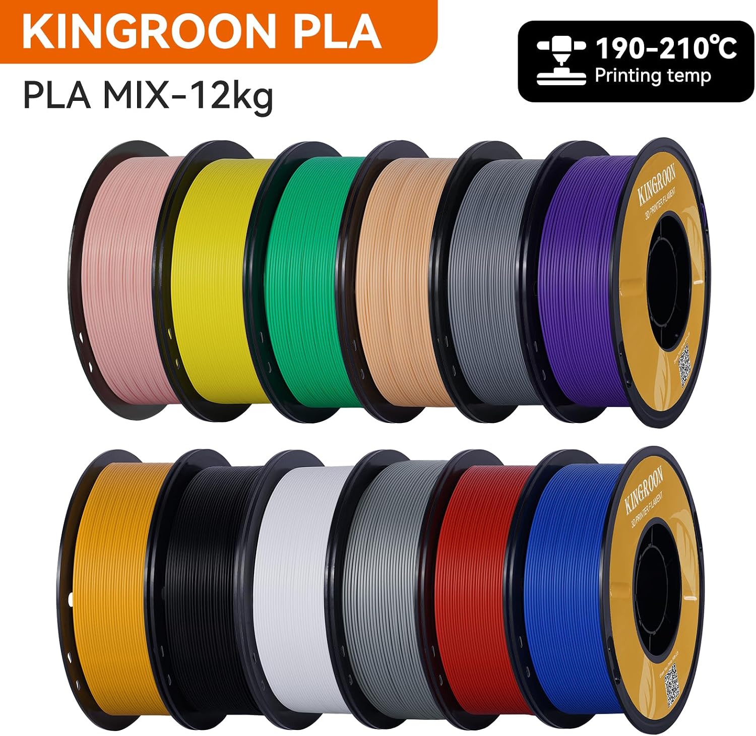 Kingroon PLA 3D Printer Filament, 12Rolls, Dimensional Accuracy +/- 0.03 mm, 12kg Spool(26.4lbs), 1.75 mm，Black White Grey Red Green Yellow Purple Skin Blue Silver Pink Orange