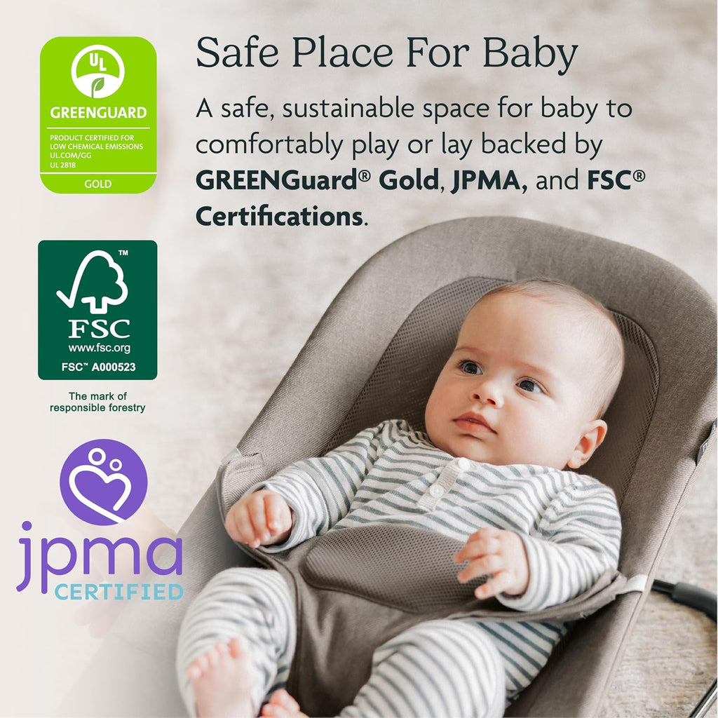 UPPAbaby Mira Bouncer/Portable 2-in-1 Bouncer + Seat Grows with Your Baby/GREENGuard® Gold, JPMA + FSC® Certified/Cozy Seat Liner + Storage Bag Included/Wells (Taupe Mélange/Black Chrome/Walnut Wood)