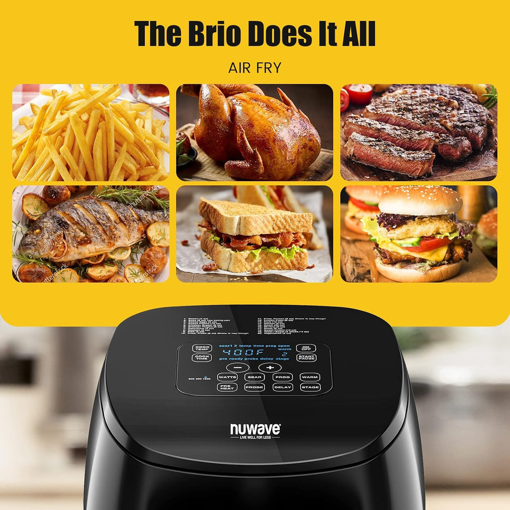 Nuwave Brio 4.5-Qt Air Fryer, 1 Touch Digital Controls, 100°-400°F Temp Controls in 5° Increments, Linear Thermal (Linear T) Technology, 3 Wattage Settings 600, 900 & 1500W, Built-In Safety Features