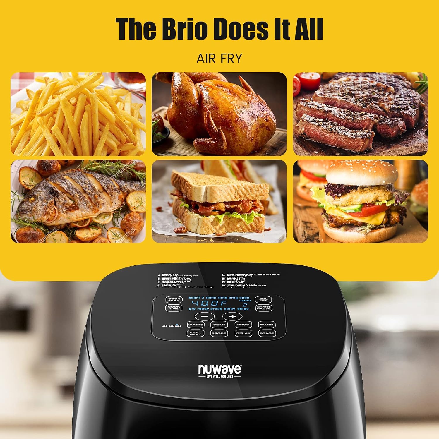 Nuwave Brio 4.5-Qt Air Fryer, 1 Touch Digital Controls, 100°-400°F Temp Controls in 5° Increments, Linear Thermal (Linear T) Technology, 3 Wattage Settings 600, 900 & 1500W, Built-In Safety Features