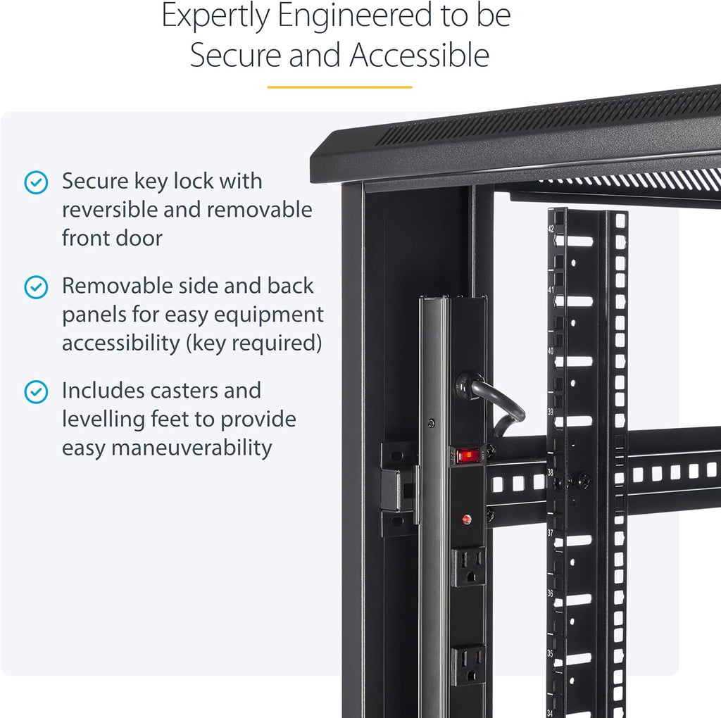 StarTech 42U Enterprise-Grade Server Rack Cabinet, Alloy Steel, 19in Enclosed 4-Post Rack with 36in (91cm) Mounting Depth and 2000lb (900kg) Weight Capacity, Black