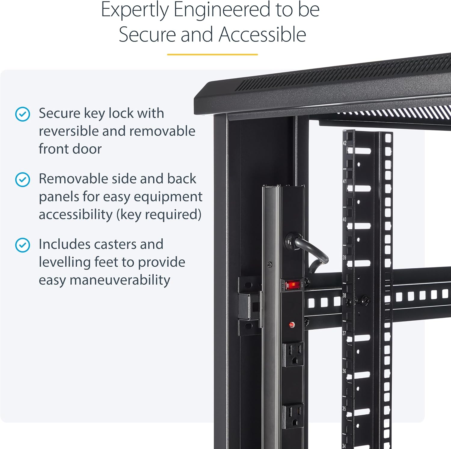 StarTech 42U Enterprise-Grade Server Rack Cabinet, Alloy Steel, 19in Enclosed 4-Post Rack with 36in (91cm) Mounting Depth and 2000lb (900kg) Weight Capacity, Black