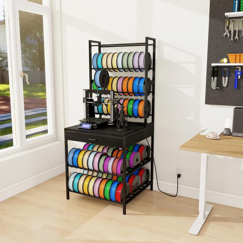 KirKical 3D Printer Stand with Filaments Storage, Large Capacity Heavy Duty Filament Storage Rack with Drawer for PLA/ABS/TPU, 3D Printer Filament Table with Power Outlet for Home Studio Office, Black