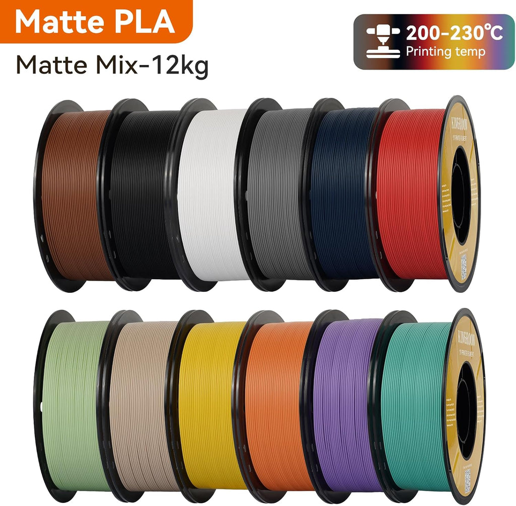 Kingroon Matte PLA Filament Bundle 1.75mm 3D Printer Filament Bundle Multicolor 1kg Dimensional Accuracy +/- 0.02 mm (12 Rolls Mixed Colors)