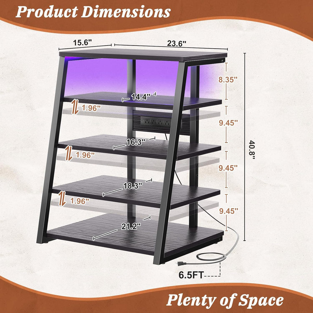 Armocity 5-Tier AV Media Stand with Power Strips, Media Console with LED Lights, Audio Tower Rack with Adjustable Shelves, Stereo Stands and Racks, 40.8'', Black Ebony
