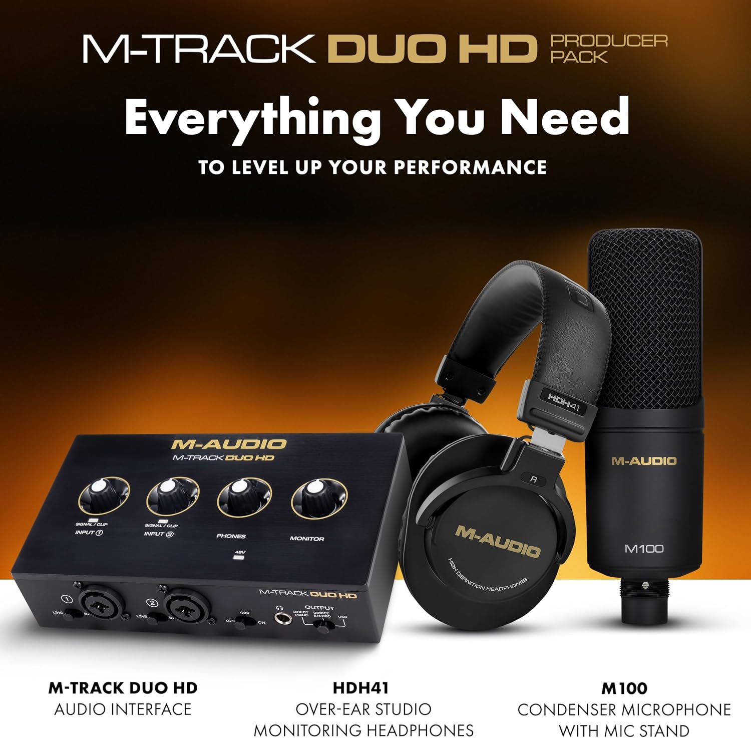 M-AUDIO M-Track Duo HD Audio Interface, M100 Condenser Microphone and HDH41 Studio Monitoring Headphones for Recording, Producers, Content Creators and Podcasters