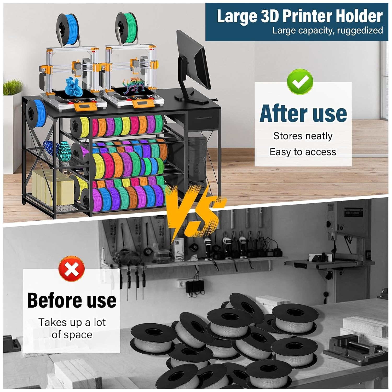 Professional 3D Printer Stand with Massive Filament Storage, Heavy Duty 4-Tier 3D Printer Table Workbench with Power Hub & Drawer, Stable 3D Printing Station for Bambu Lab, Creality & Workshop, Black