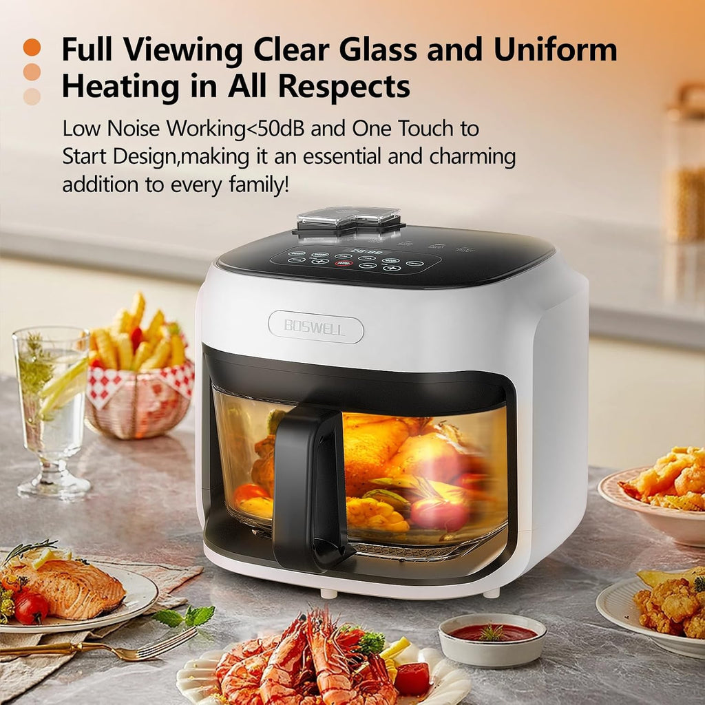 BOSWELL Glass Air Fryer, 7.5QT Borosilicate Bowl with Circulating Heat, Digital Touchscreen, 400°F Max Temp, Oil-Free Fryer with Mist Function, Dishwasher Safe (White)