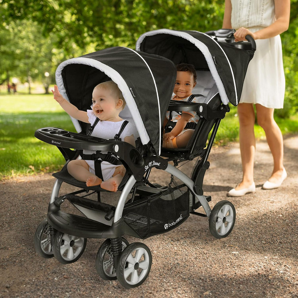 Baby Trend Double Infant and Toddler Stroller w/ Harness and Basket, Sit N' Stand, Stormy.