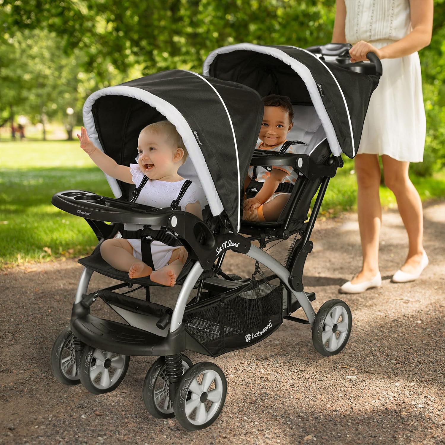 Baby Trend Double Infant and Toddler Stroller w/ Harness and Basket, Sit N' Stand, Stormy.