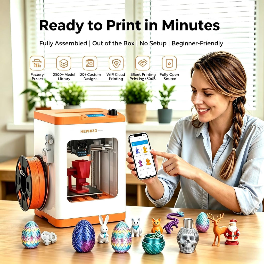 TINA2S 3D Printer, HEPHI3D 3D Printers for Beginners, WiFi Cloud Printing Mini 3D Printer Fully Assembly, Auto Leveling 3D Printers for Kids Silent Print, Open Source DIY 3D Printer for Home, School