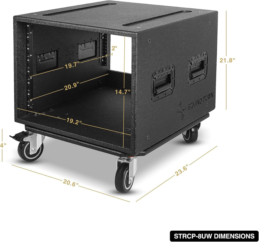 Sound Town 8U PA/DJ Rack/Road Case with 8-Space, Industry-Grade 0.7' (18mm) Plywood with Polyurea Coating, Rain Cover, Casters, 21.7' Rackable Depth - Pro Tour Grade (STRCP-8UW)
