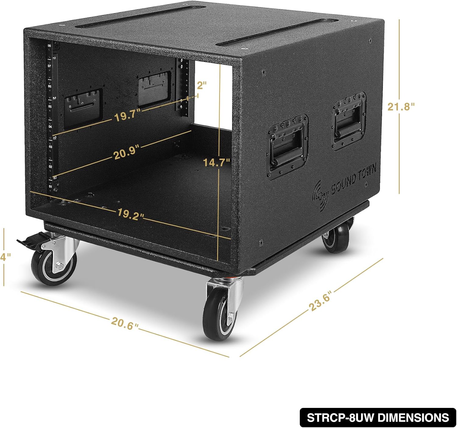 Sound Town 8U PA/DJ Rack/Road Case with 8-Space, Industry-Grade 0.7' (18mm) Plywood with Polyurea Coating, Rain Cover, Casters, 21.7' Rackable Depth - Pro Tour Grade (STRCP-8UW)