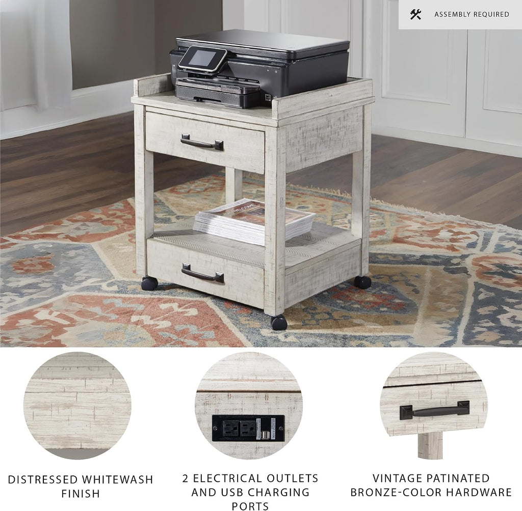 Signature Design by Ashley Carynhurst Rustic Farmhouse Printer Stand with Casters, Whitewash