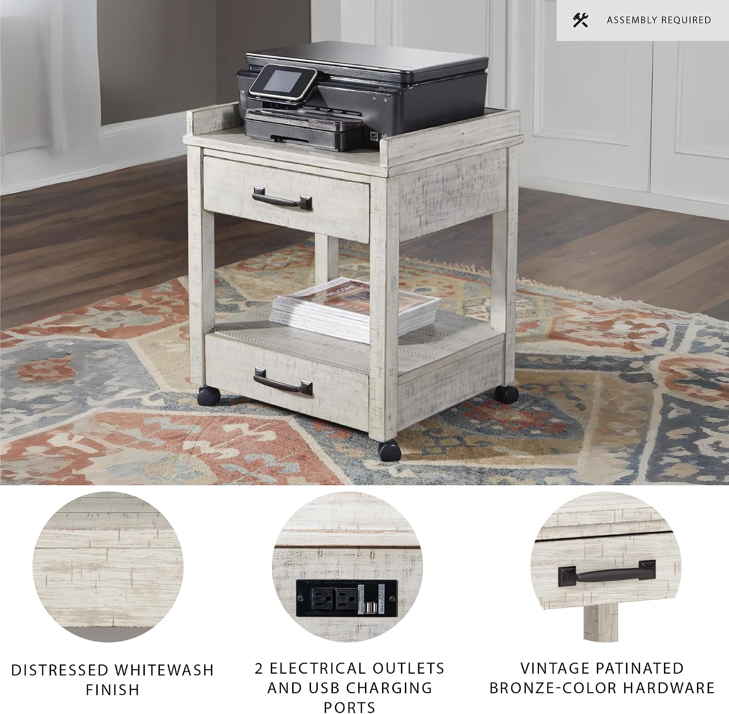 Signature Design by Ashley Carynhurst Rustic Farmhouse Printer Stand with Casters, Whitewash