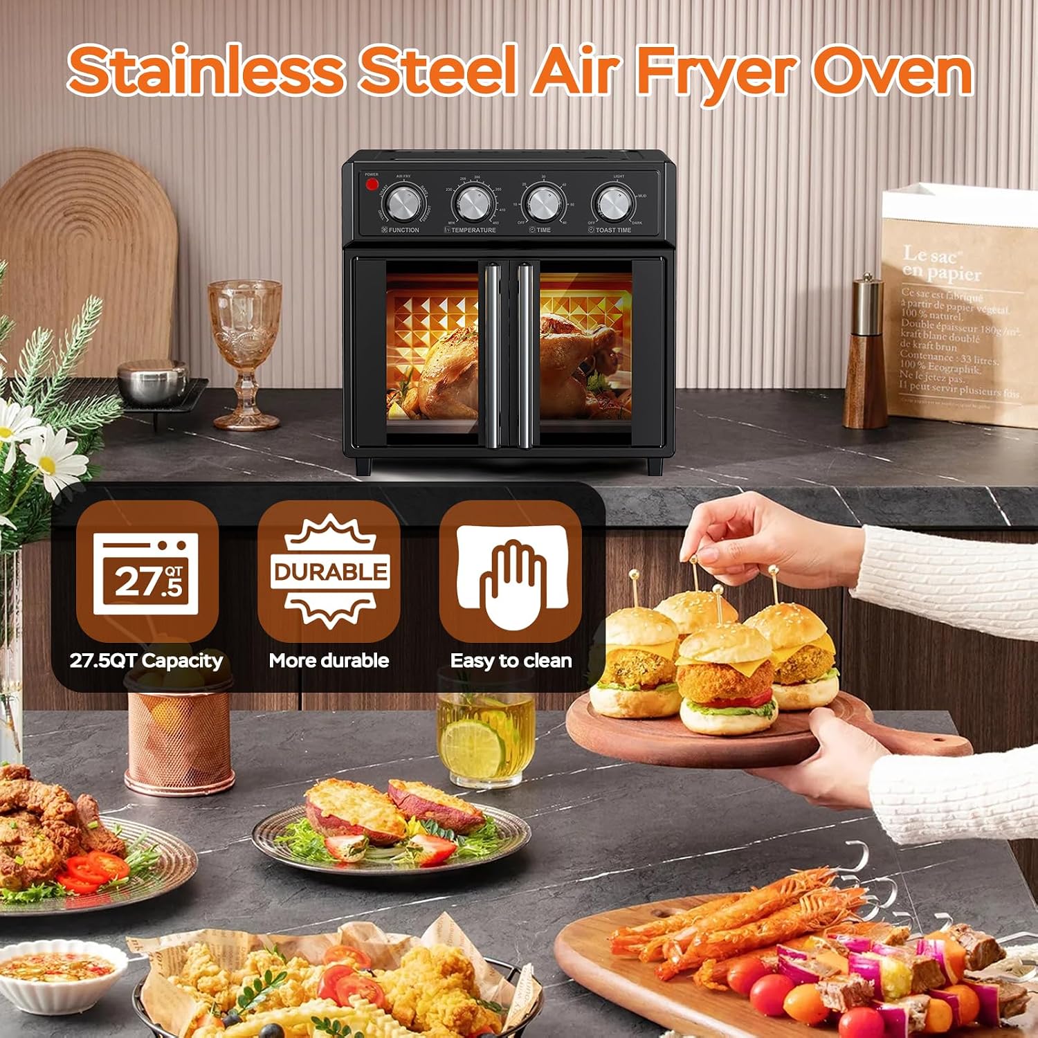 PlumChef 26L Large capacity French Double-Door Air Fryer Convection Toaster Oven,1700W, 7 Preset Menus, 7-in-1 Multi-Function for Bake, Roast, Grill, Toast, Dehydrate& Defrost,Stainless Steel,Black