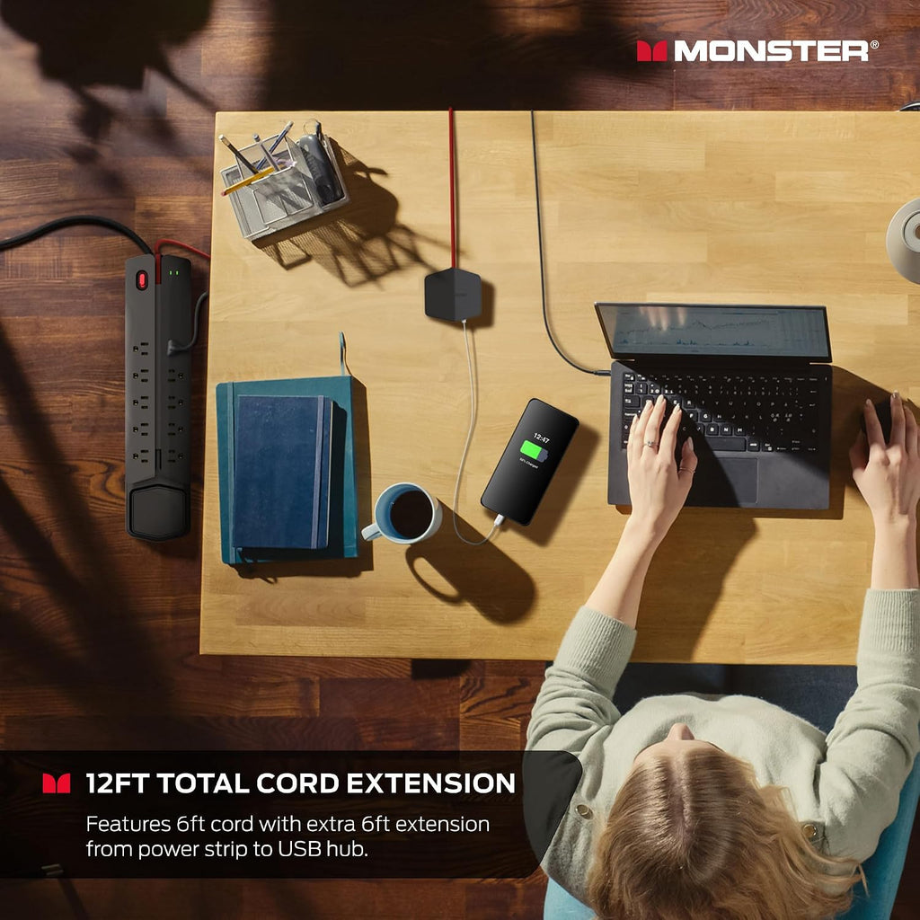 Monster Power Center Vertex XL Surge Protector With Detachable Power Strip, 10 AC Outlets, 2 USB-A Ports & 1 USB-C Port (20W)