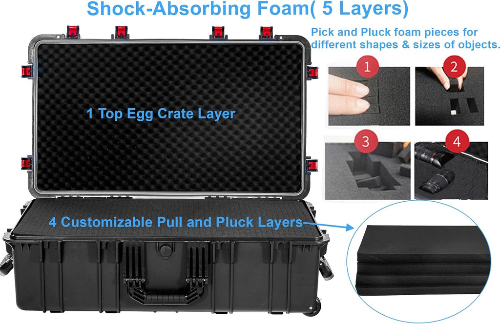 Regetek Waterproof Rolling Hard Case 35 x 20.5 x 12 Inch, Equipment Case with Foam/Wheels/ 3 Large Handles for Camera, Tool, Electronics Transport, Shockproof, Lockable, Inner 31.5' x 17.7' x 7.5'