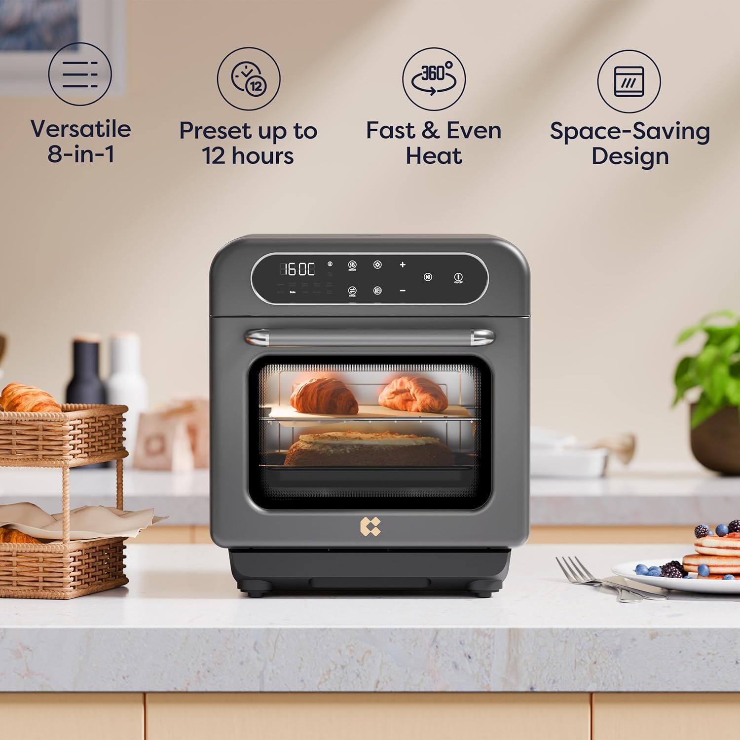 CIARRA 8-in-1 Steam Oven Countertop with Air Fryer, 13QT Mini Convection Toaster Oven with Steam, Rapid Steam, Air Fry, Vapor Bake, Steam Clean, Bake, Dried, Ferment, Grey