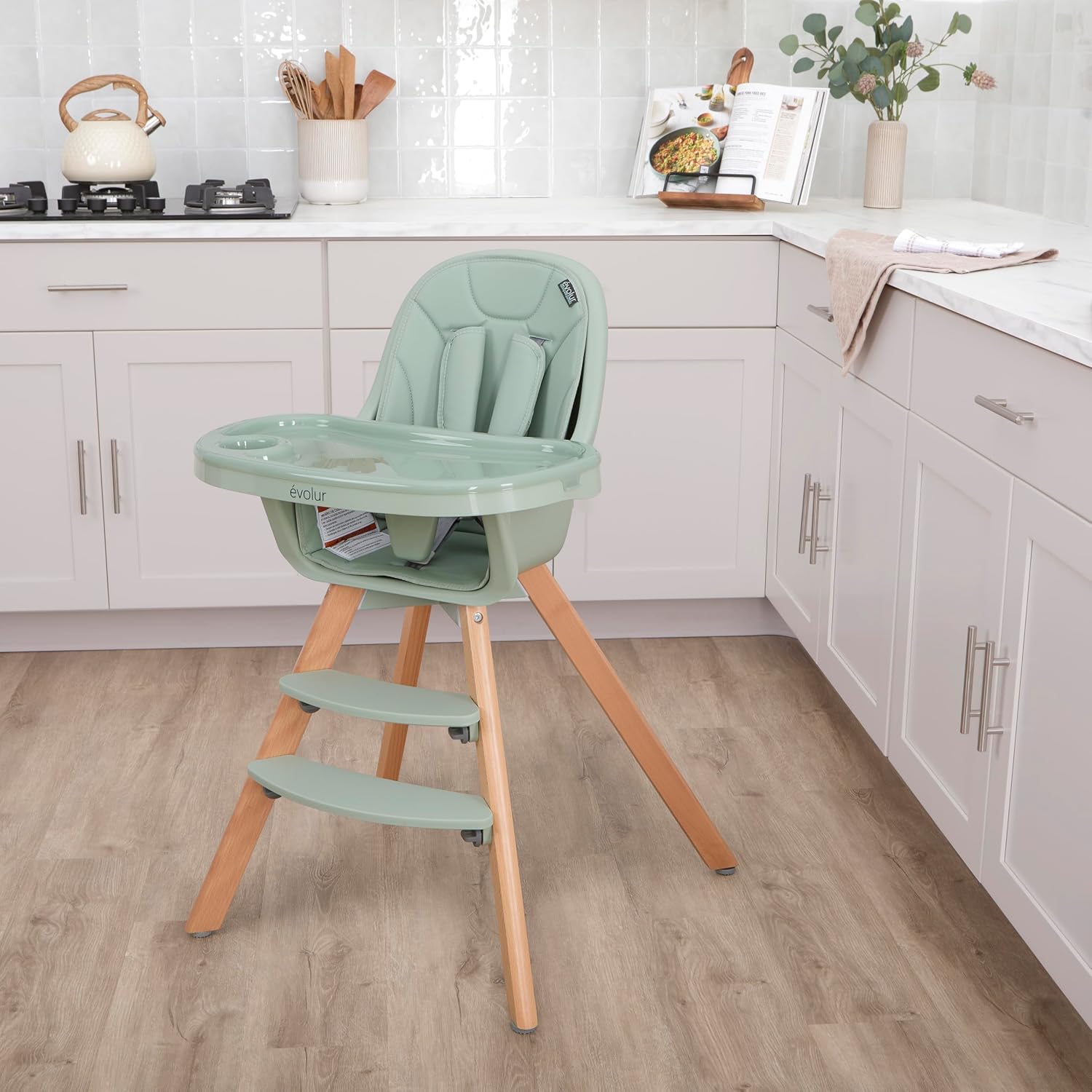 Evolur Zoodle 2-in-1 High Chair for Baby & Toddler – Convertible High Chair to Toddler Chair, Padded Seat, 5-Point Safety Harness, Dual Dishwasher-Safe Trays, Solid Beechwood Legs – Sage Green
