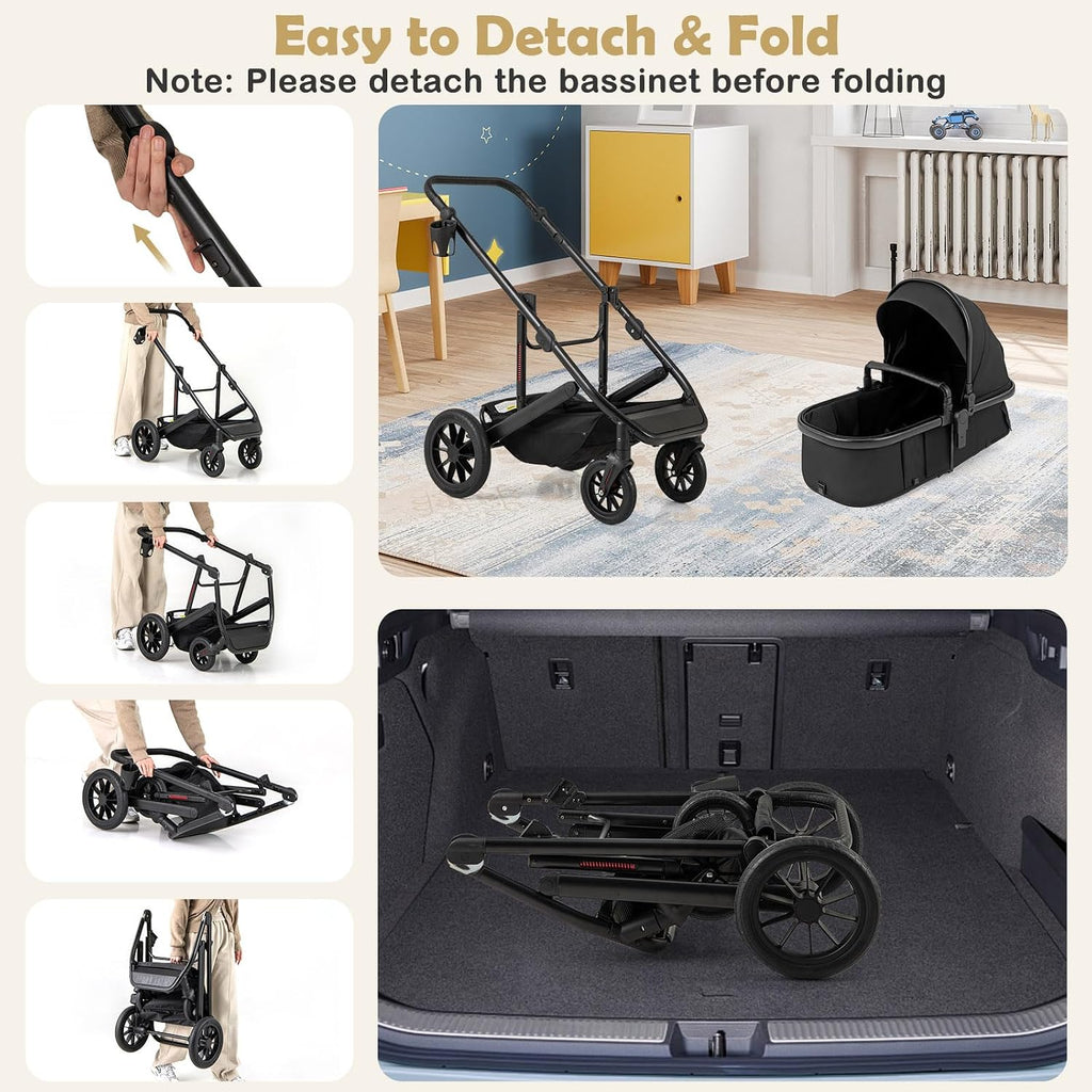 BABY JOY 2 in 1 Convertible Baby Stroller, High Landscape with Bassinet Mode, Reversible Seat, Adjustable Canopy, Cup Holder, Diaper Bag, Foldable Infant Newborn Pram Stroller for 0-36 Months (Black)