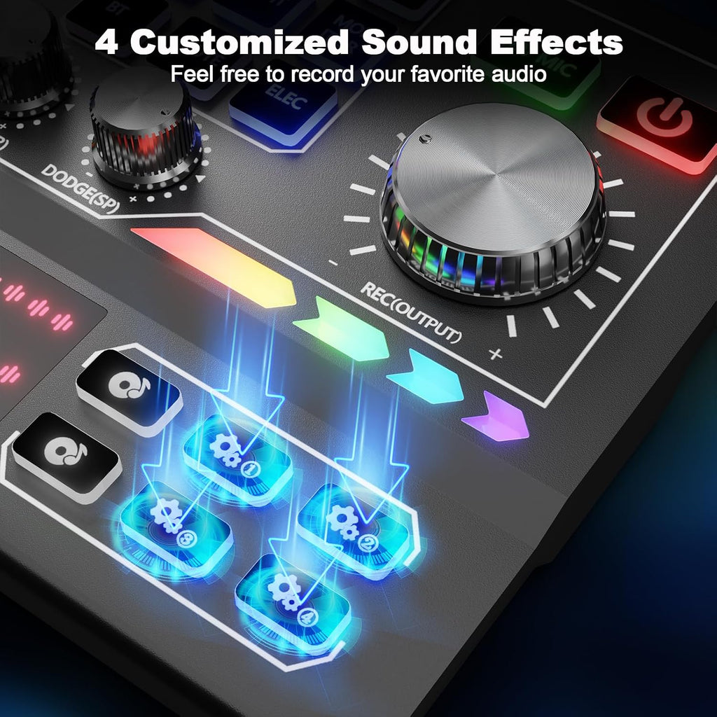 Podcast Equipment Bundle for 2, Audio Interface, Voice Changer with 3.5mm Condenser Microphone, Dual BT Wireless, 48V Phantom Power Supply for PC/Smartphone/Laptop,Streaming Recording,TikTok
