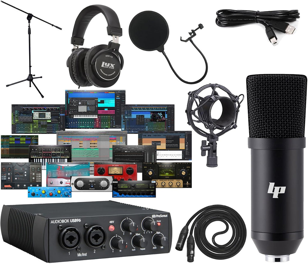 AudioBox 96 USB 2.0 Recording Studio Bundle with PreSonus Interface LP Condenser Microphone Studio Headphones Pop Filter Mic Stand and Updated Studio One Artist Software