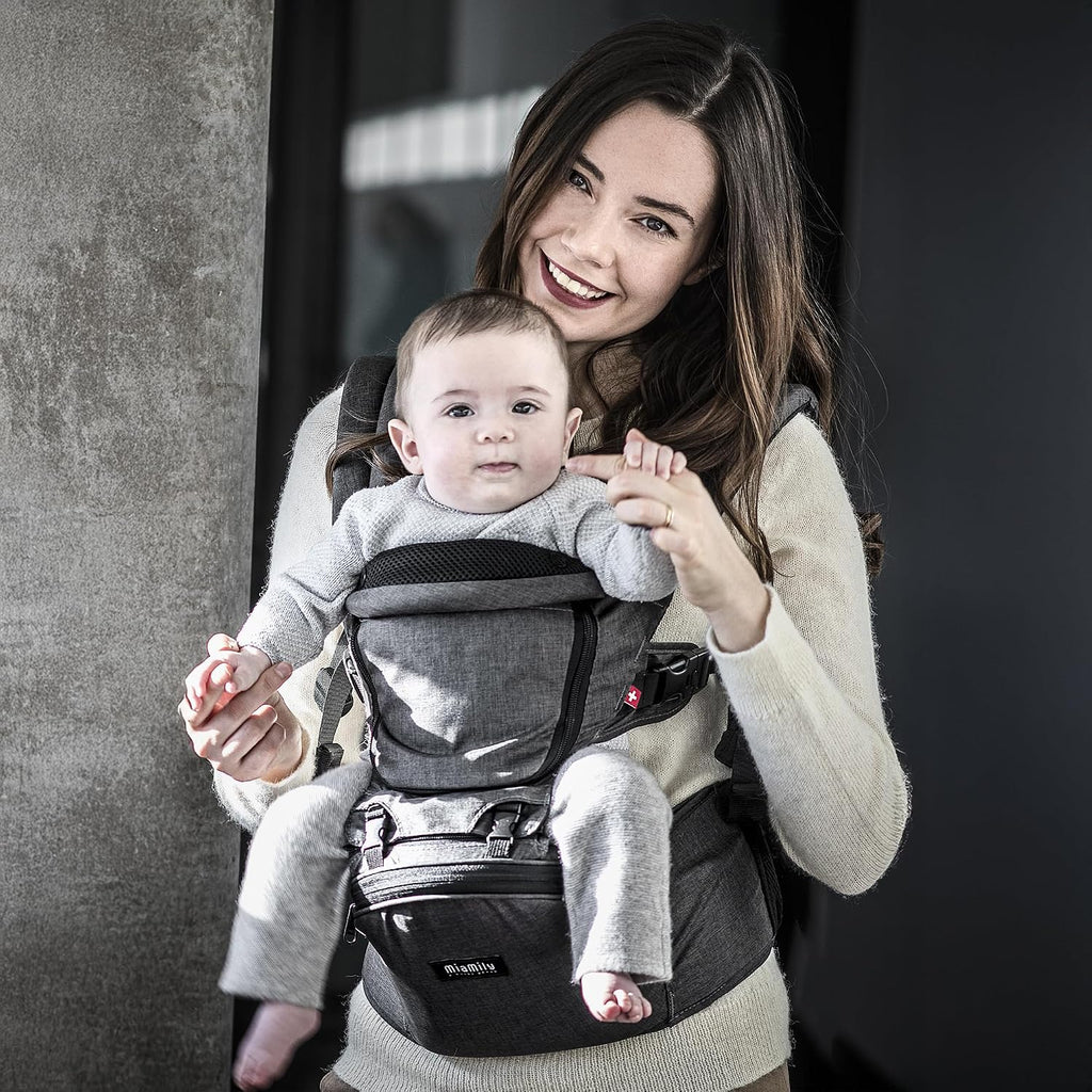 MiaMily Ergonomic Hip Seat Baby Carrier, 6 Carry Positions, Newborn to Toddler, Lumbar Support, Adjustable Waist Belt, Hipster Plus, Charcoal Grey
