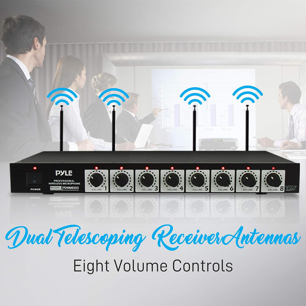 Pyle 8 Channel Wireless Microphone System - Portable VHF Cordless Audio Mic Set with 1/4' and XLR Output, Dual Antenna, - Includes 8 Table Top Mics, Rack Mountable Receiver Base - Pyle PDWM8300,Black