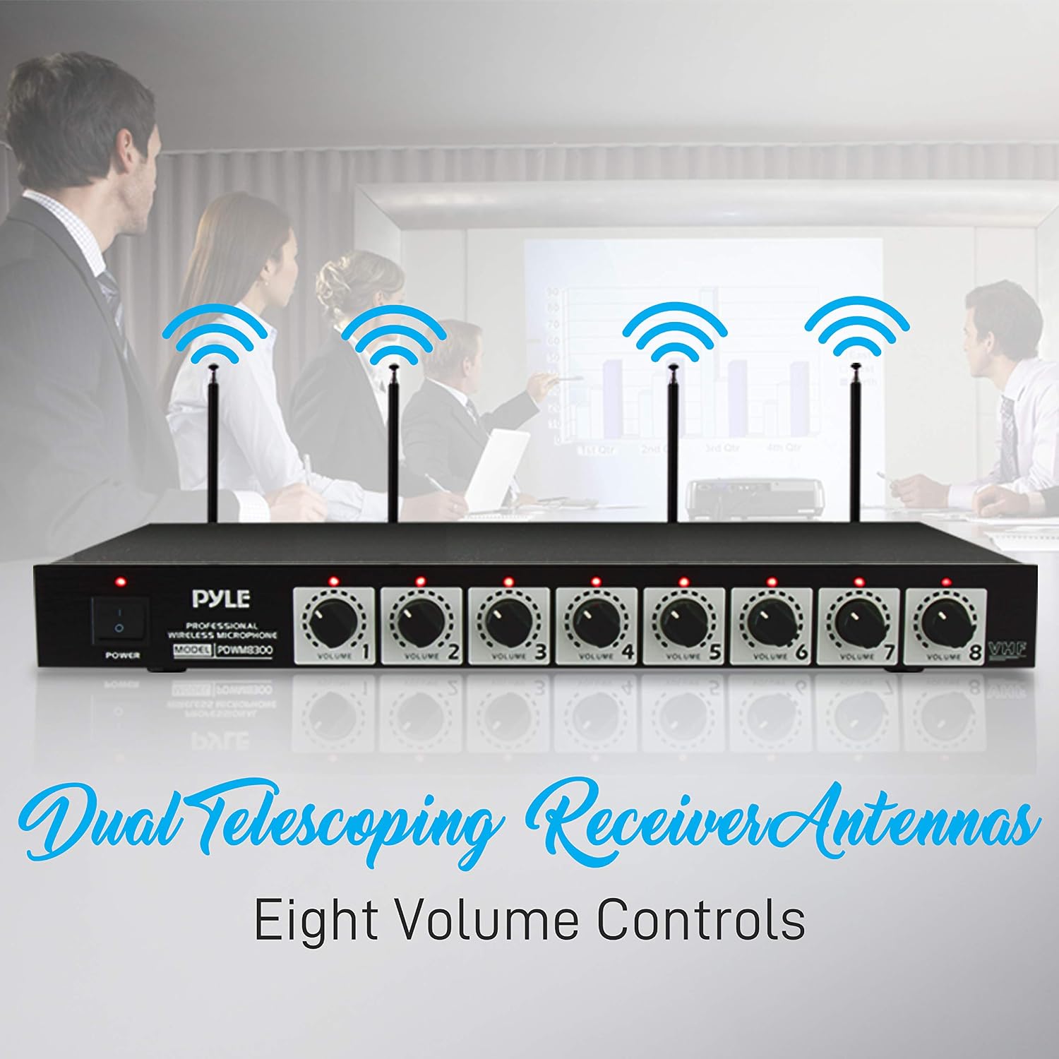 Pyle 8 Channel Wireless Microphone System - Portable VHF Cordless Audio Mic Set with 1/4' and XLR Output, Dual Antenna, - Includes 8 Table Top Mics, Rack Mountable Receiver Base - Pyle PDWM8300,Black