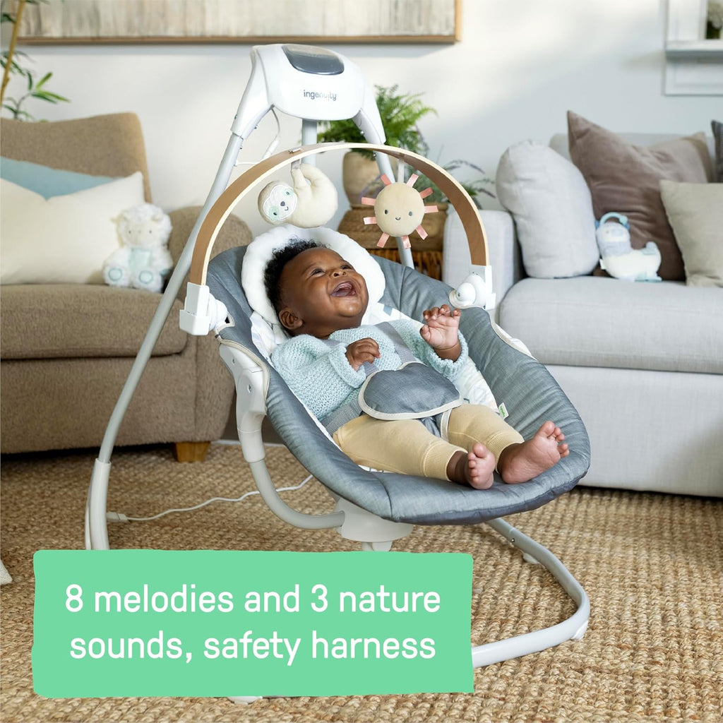 Ingenuity SimpleComfort Compact Baby Swing, Rotating Seat Swings in 3 Directions, 6 Speeds, 8 Melodies & 3 Nature Sounds, Ages 0-9 Months, Up to 20 Pounds - Parker