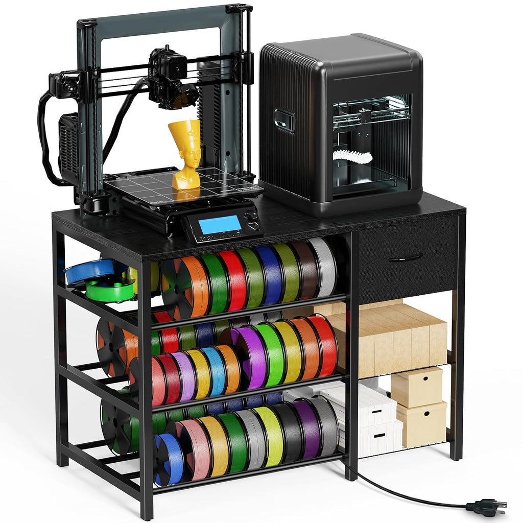Frebomboo 3D Printer Filament Storage Rack, Black Versatile 3D Printer Stand Shelf with Drawer, Mobile 3-Tier Metal Filament Spool Holder, Perfect 3D Printer Cart Desk for Office Workshop Studio