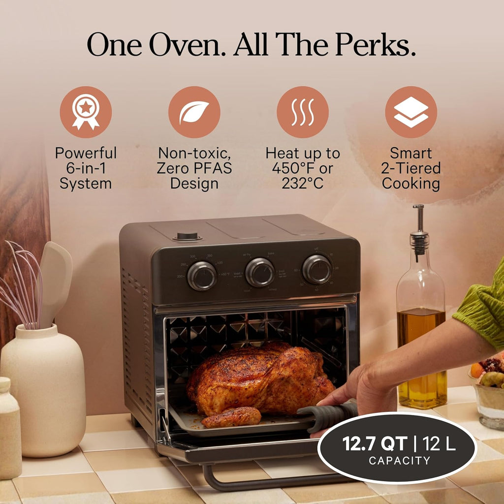 Our Place Wonder Oven | 6-in-1 Stainless Steel Air Fryer Toaster Oven Combo with Basket, Rack, Pan & Tray | Compact 13 QT Countertop Capacity - Toast, Roast, Bake, Reheat, Broil & Steam | Char