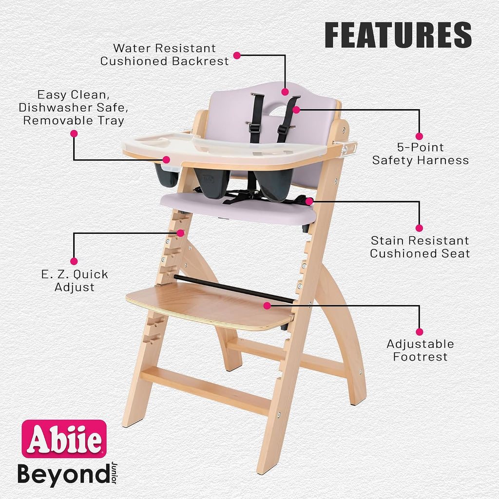 Abiie Beyond Junior Wooden High Chair for Babies and Toddlers - Convertible 3-in-1 Baby Highchair with Removable Tray - 6 Months to 250 Lb - Water Resistant - Natural Wood with Lilac Cushion