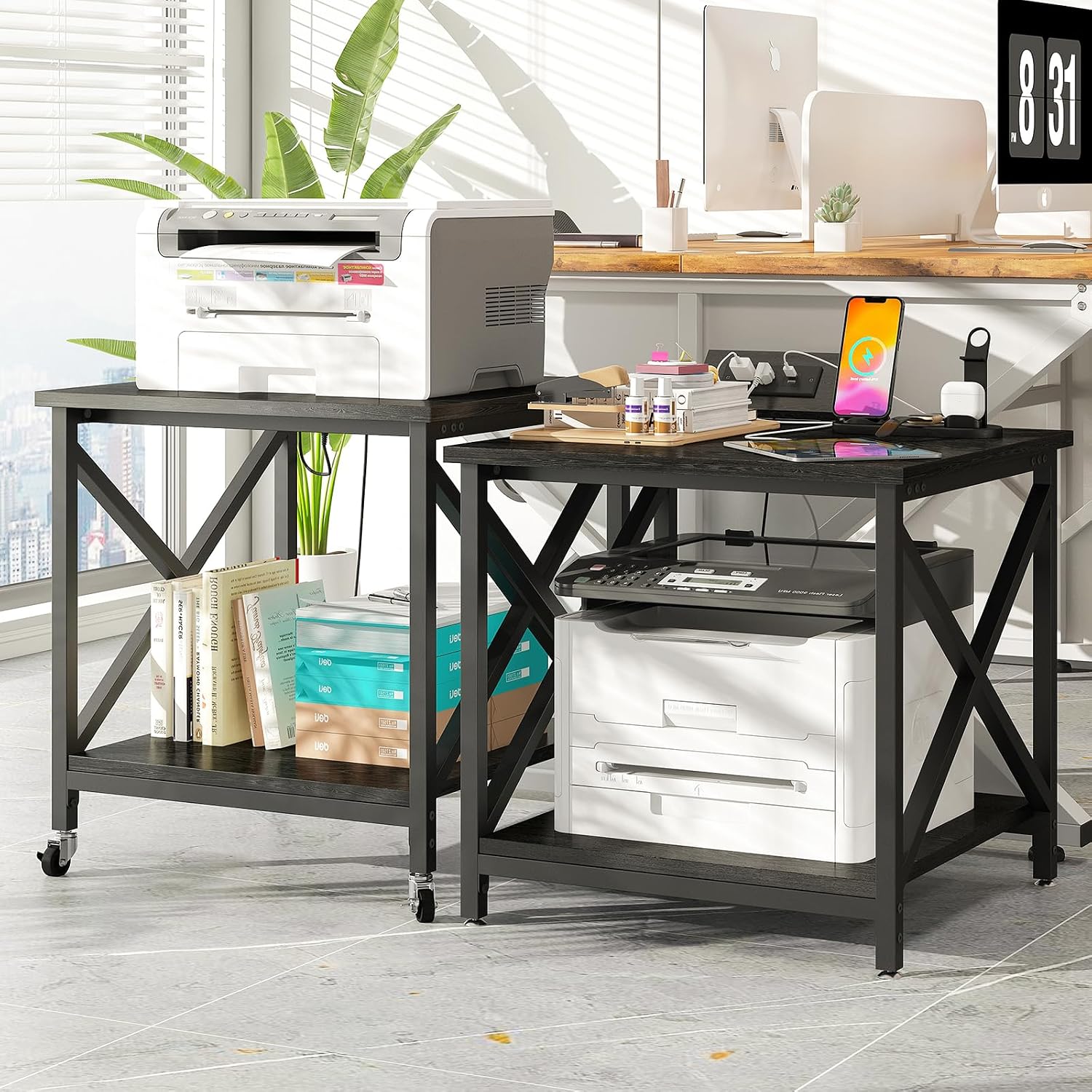 METYERRY Large Printer Stand with Power Outlet, with Storage Shelf, 2 Tier Rolling Printer Cart with Industrial Wheels, 23.6 x 23.6 Inches Printer Table for Home Office,Black