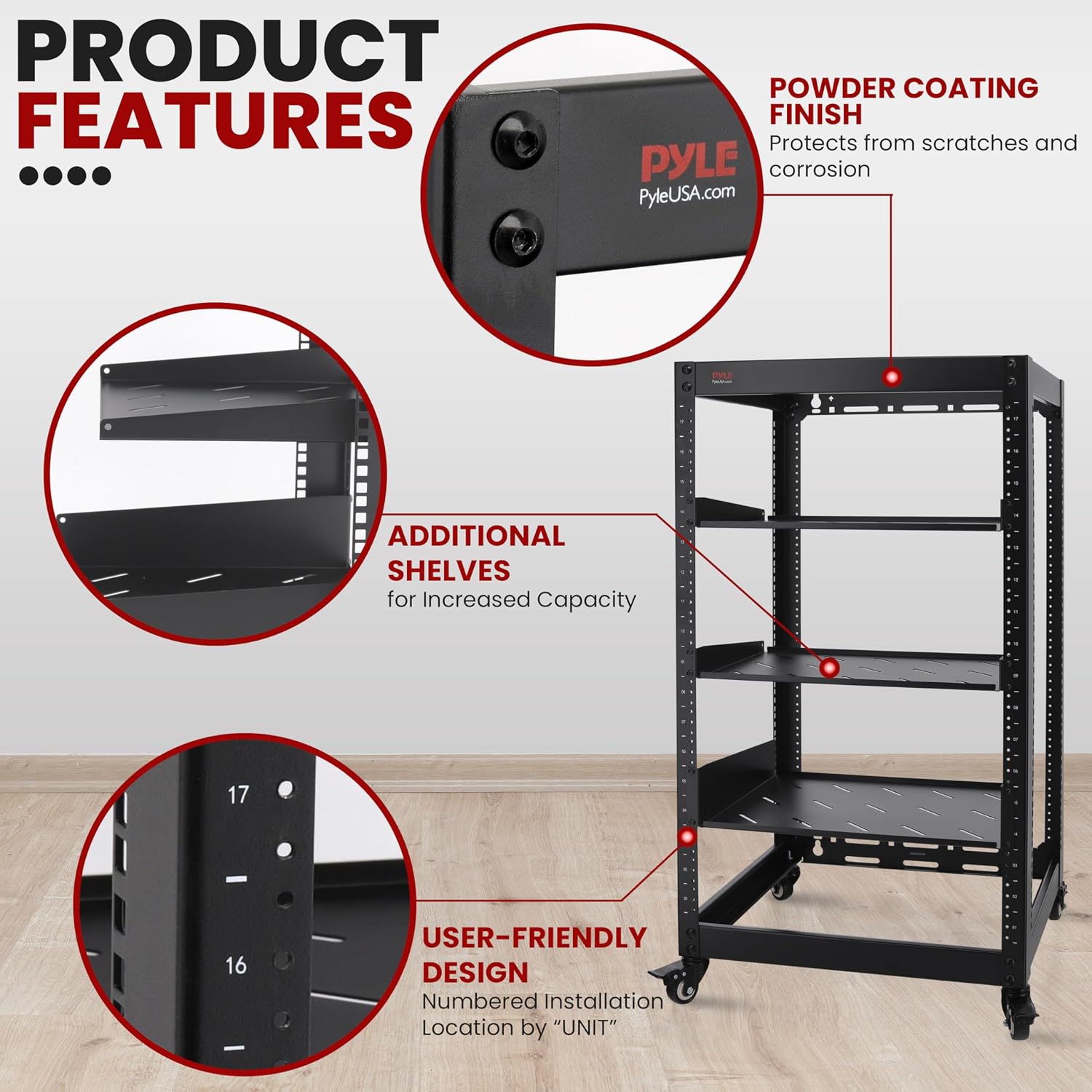 Pyle 20U Open Frame Server Rack - Wall Mount Network Rack for Servers, Networking & AV Gear - Heavy-Duty 19' Equipment, Includes 1U & 2U Vented Shelves for Airflow, Lockable Wheels - 440 lbs Capacity