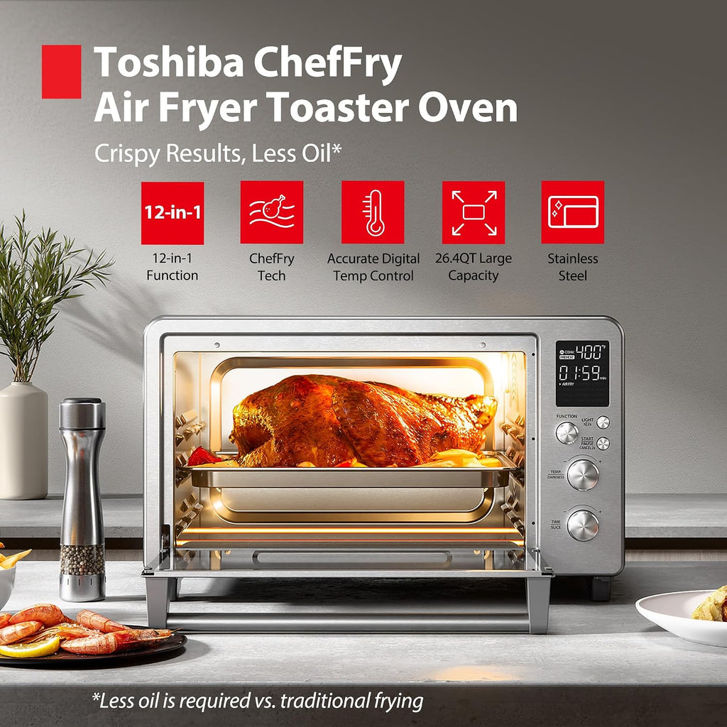 TOSHIBA ChefFry Air Fryer Toaster Oven Combo with Toast, Bake, Broil, Pizza & Dehydrate, 26.4-Quart Capacity, Stainless Steel