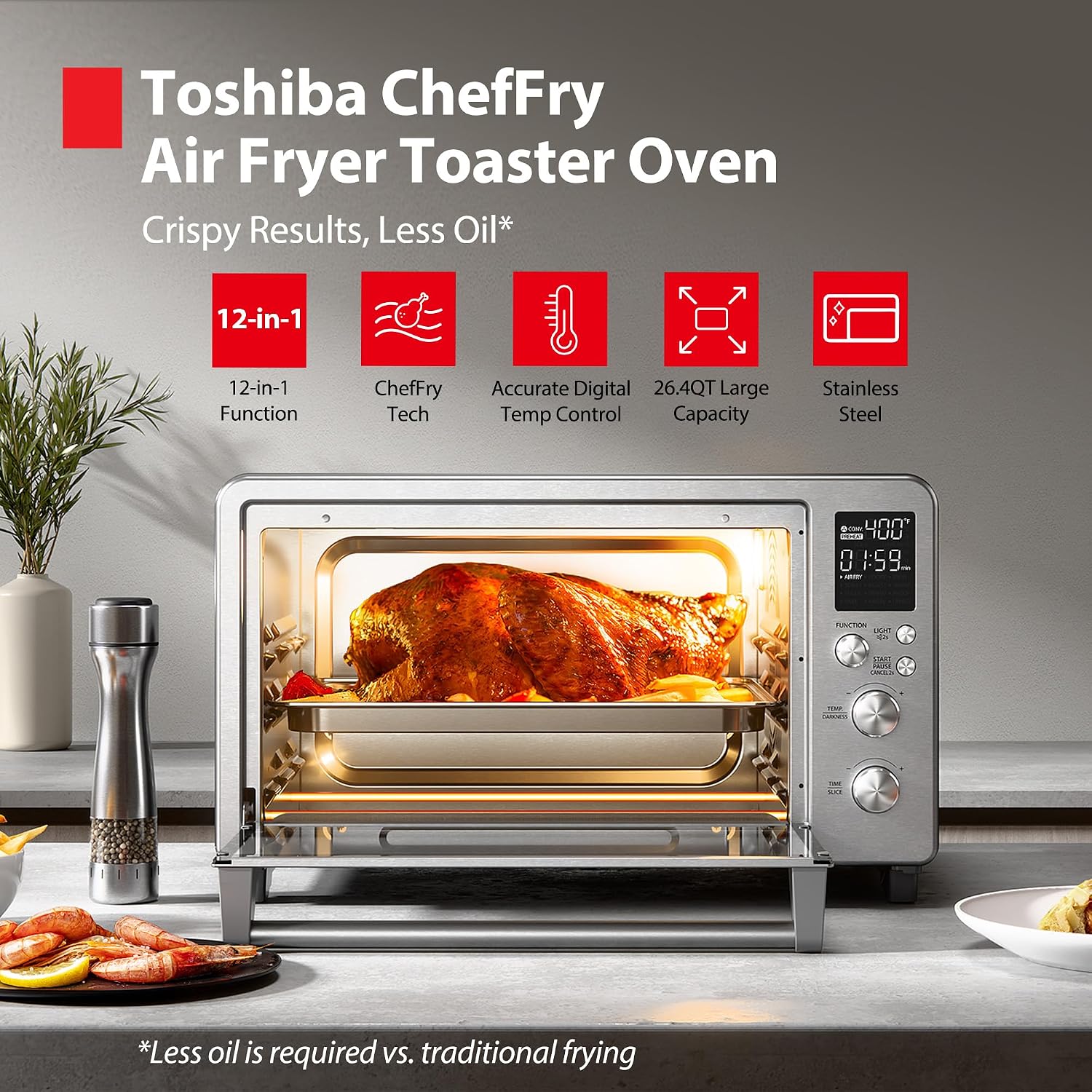 TOSHIBA ChefFry Air Fryer Toaster Oven Combo with Toast, Bake, Broil, Pizza & Dehydrate, 26.4-Quart Capacity, Stainless Steel
