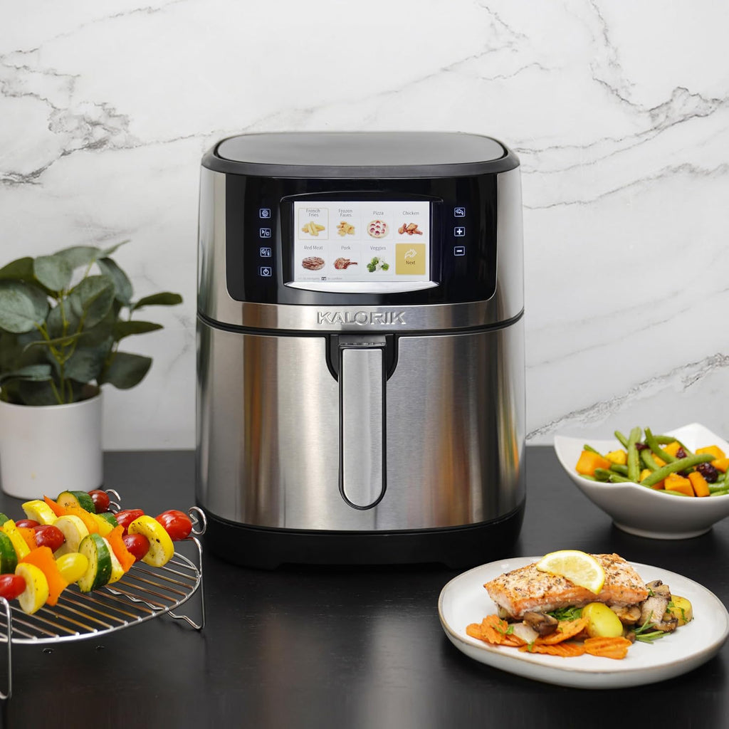 Kalorik Air Fryer VIVID Select Series, 7 Quart Capcity with Full Color Display and Touch Controls, 202 Presets in 12 Food Categories Includes Nonstick Basket & Trivet, 1500-Watts, Stainless Steel