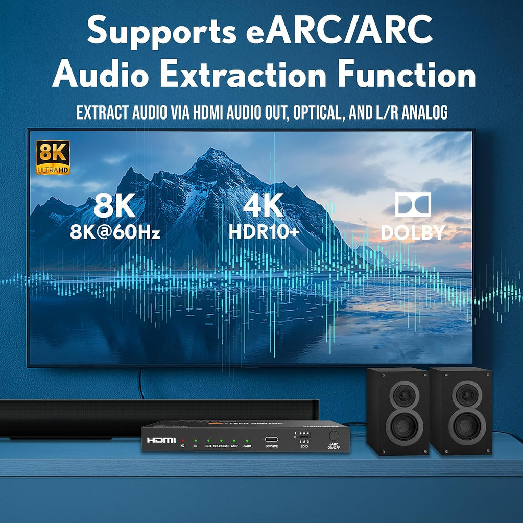 J-Tech Digital 8K HDMI Audio Extractor with eARC ARC 8K 60Hz 4K 120Hz, HDMI to Optical L/R Converter Adapter, HDCP 2.3 HDR CEC EDID [JTECH-8KAE]