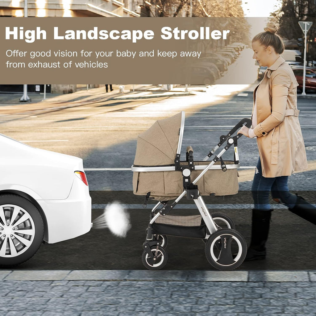 BABY JOY Baby Stroller, 2-in-1 Convertible Bassinet Reclining Stroller, Foldable Pram Carriage with 5-Point Harness, Including Cup Holder, Foot Cover, Diaper Bag, Aluminum Structure, Khaki