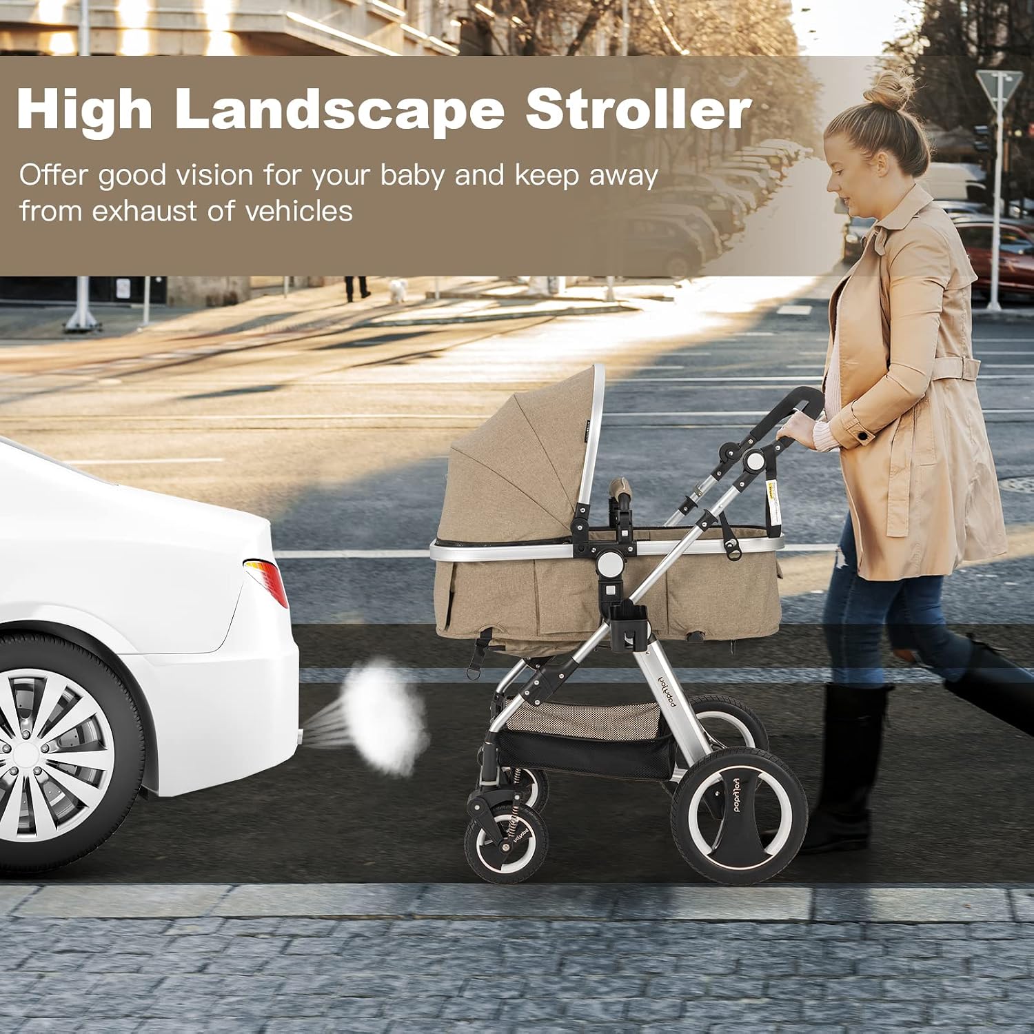 BABY JOY Baby Stroller, 2-in-1 Convertible Bassinet Reclining Stroller, Foldable Pram Carriage with 5-Point Harness, Including Cup Holder, Foot Cover, Diaper Bag, Aluminum Structure, Khaki
