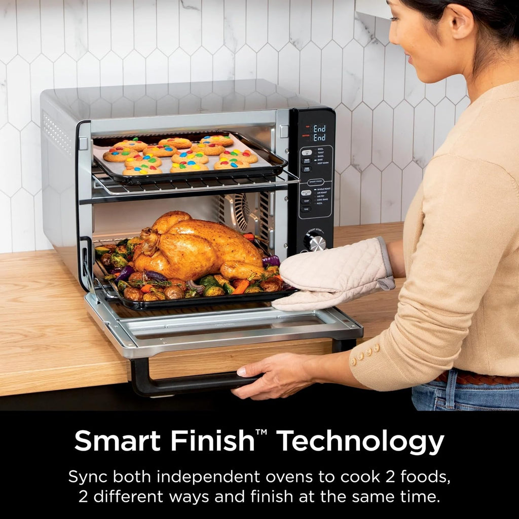 Ninja DCT400 10-in-1 Double Oven with FlexDoor, FlavorSeal & Smart Finish, Rapid Top Convection and Air Fry Bottom, Bake, Broil, Air Roast, Toast, Air Fry, Pizza and More, Stainless Steel (Renewed)