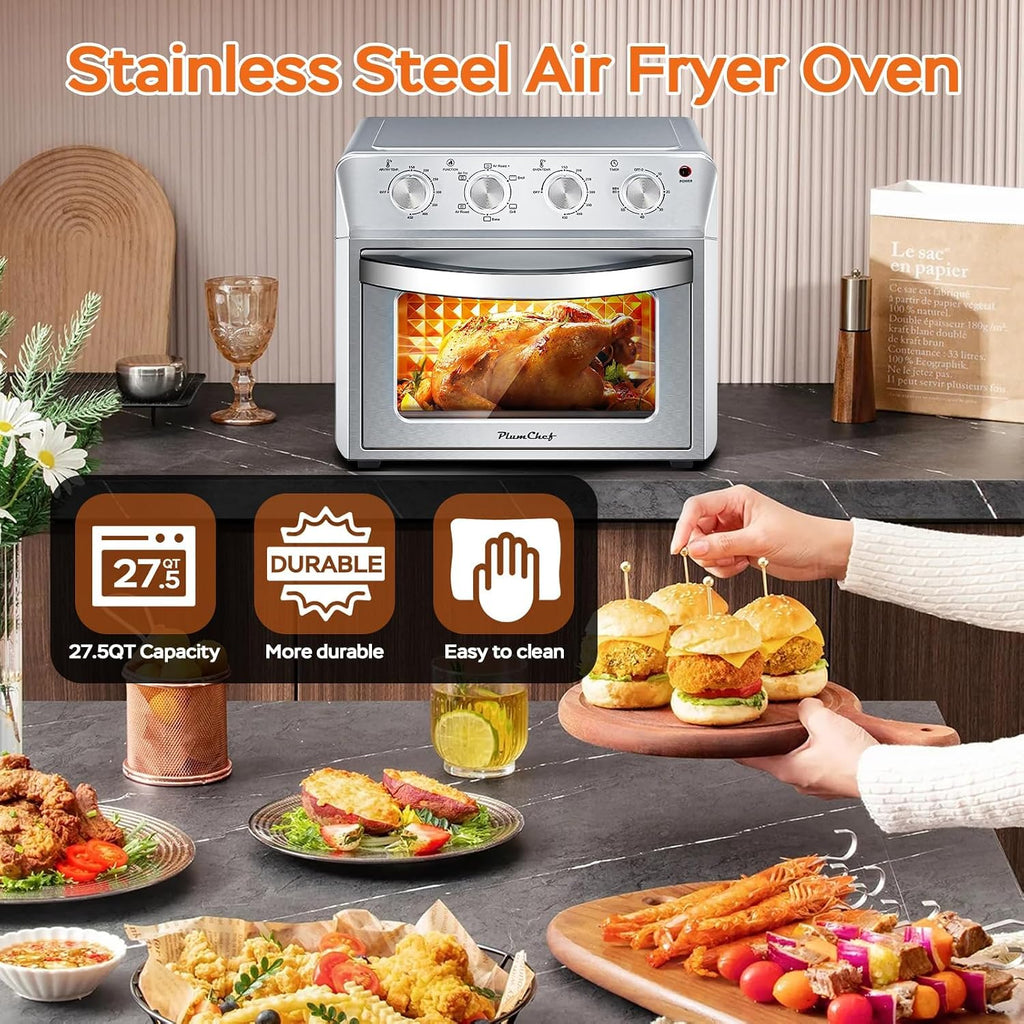 Plum chef 27.5QT 6-in-1 Air Fryer Toaster Oven Extra Large Dropdown-Door 6-Slice Convection Oven for Air Frying, Baking, Roasting, Broiling & Grilling, Stainless Steel Housing, Stainless Steel